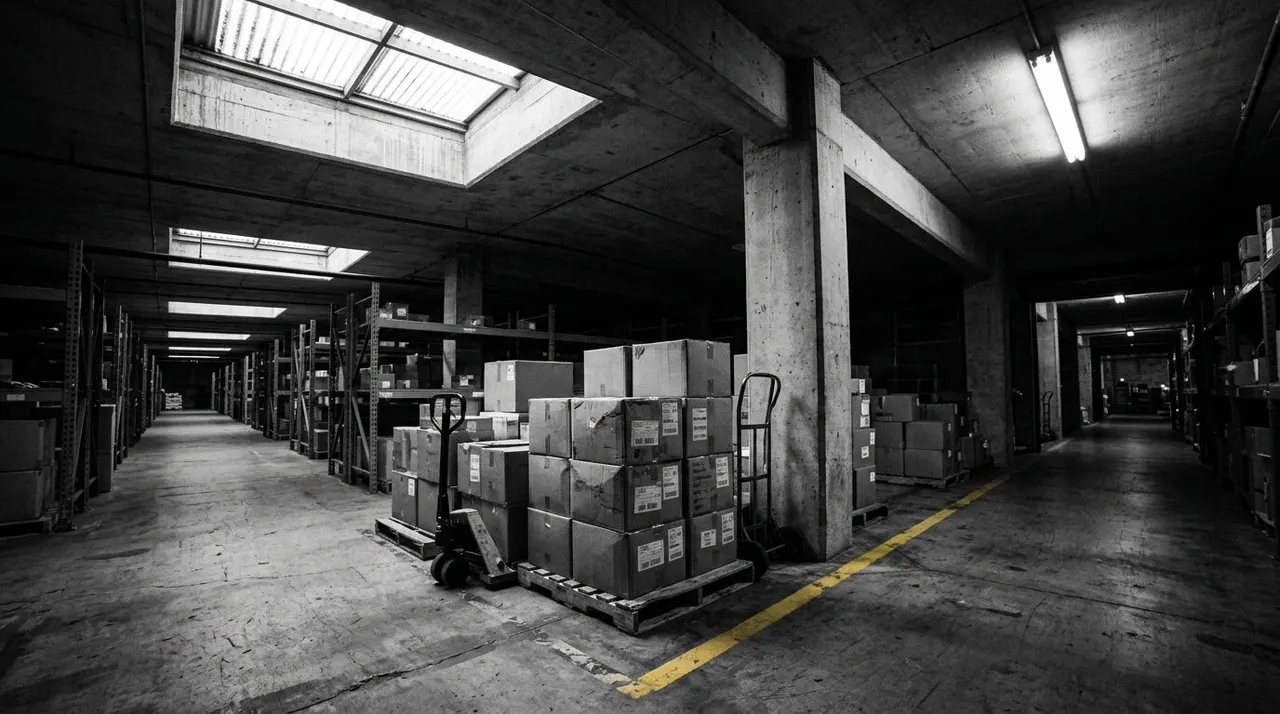 Interior de la bodega con paquetería estibada en pallets